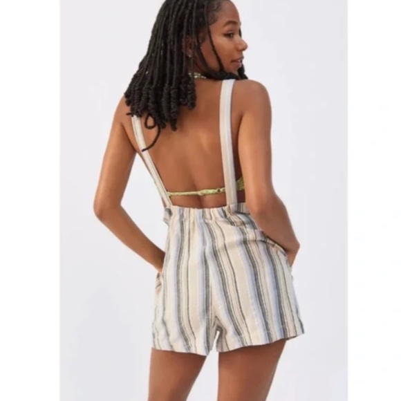 UO Chelsea Linen Shortall Overalls Striped White Blue Black Pockets Button Medi - Picture 4 of 4